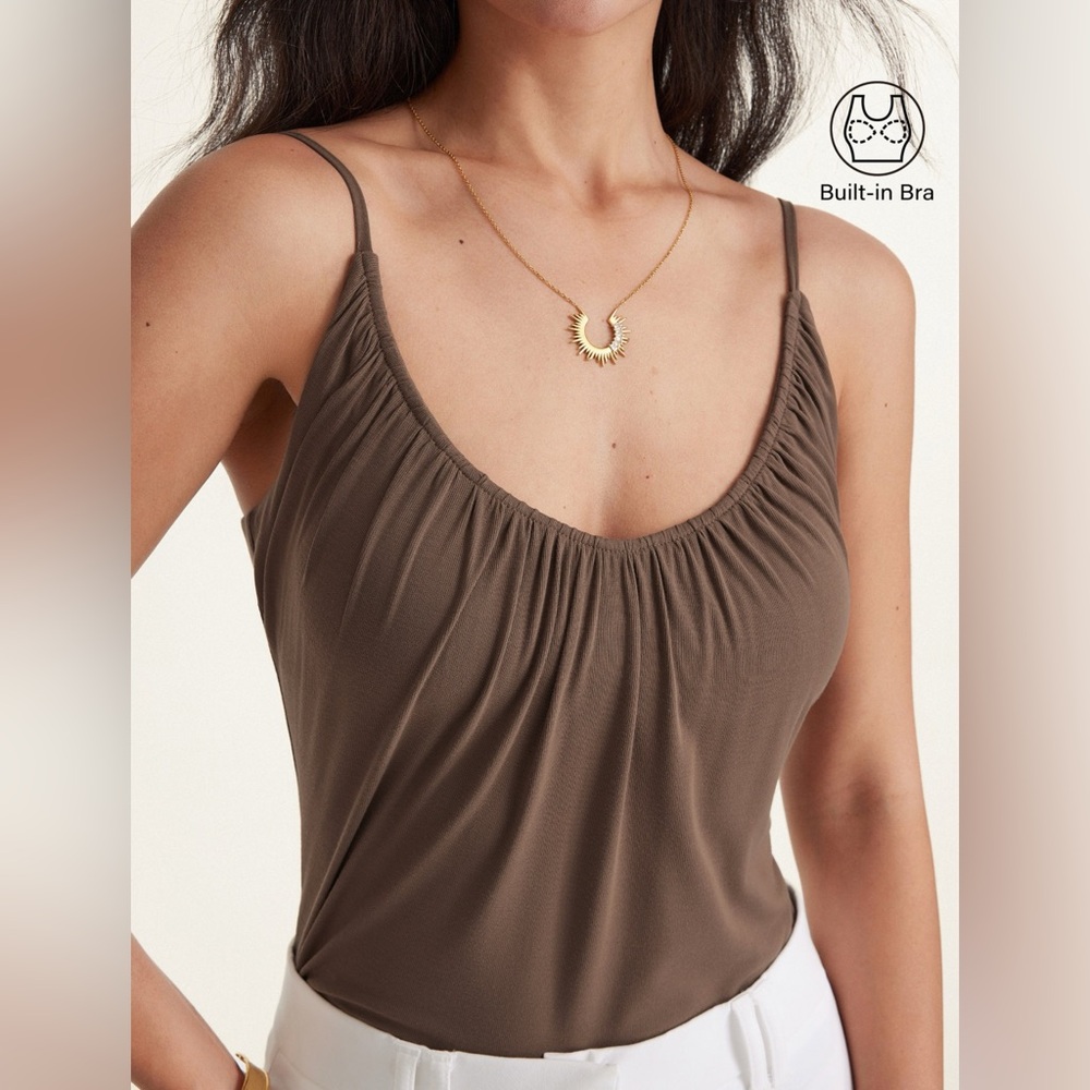 OGL Scoop Neck Gathered Spaghetti Brami Camisole Tank Top - Iced Mocha - Size XS